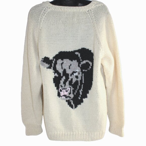 Hand Knit Custom Designer Heavy Cable Calf Face Cream V-Neck Sweater Size Large - Picture 5 of 8